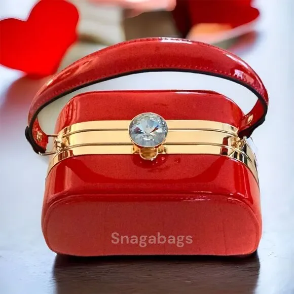 NEW BRIGHT SHINY RED HAND BAG WITH CROSSBODY CHAIN LARGE STONE BLING DECORATION - Picture 2 of 16